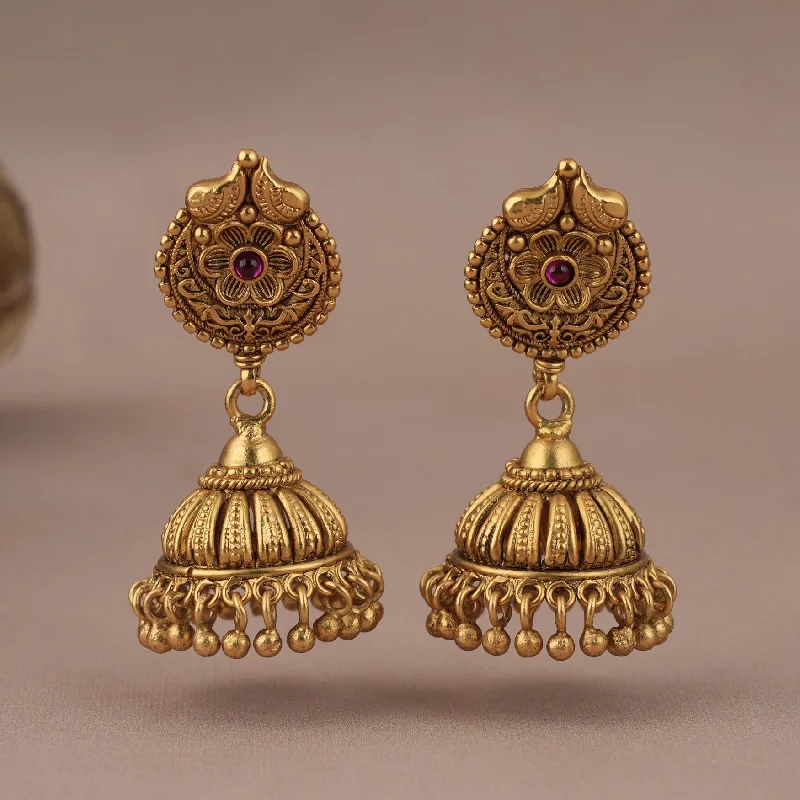 CUTE RUBY STONE GOLD FINISH JHUMKA EARRING