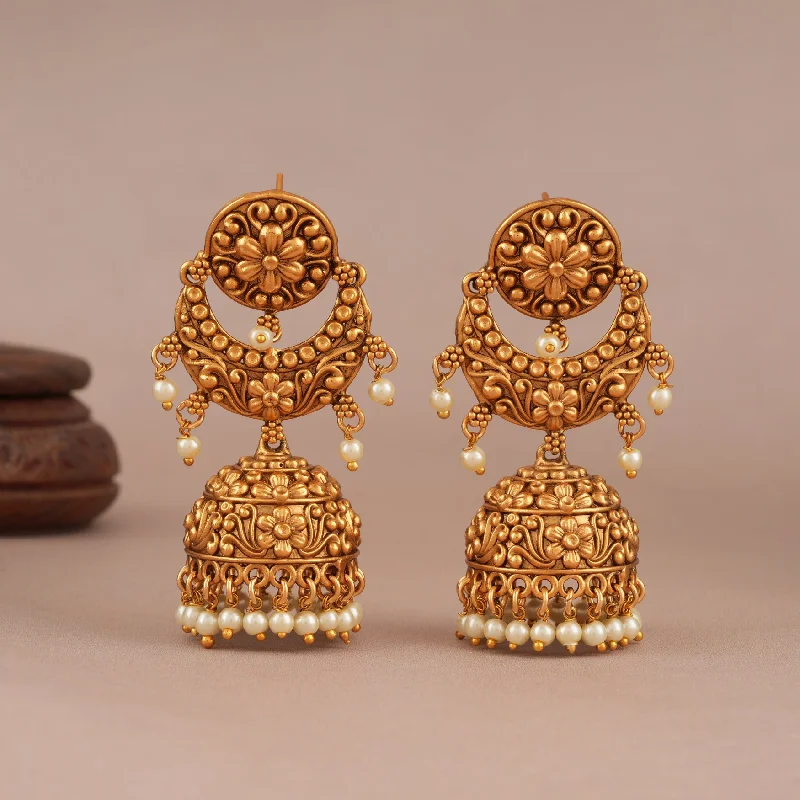 Long anqtiue gold paerl jhumka earring