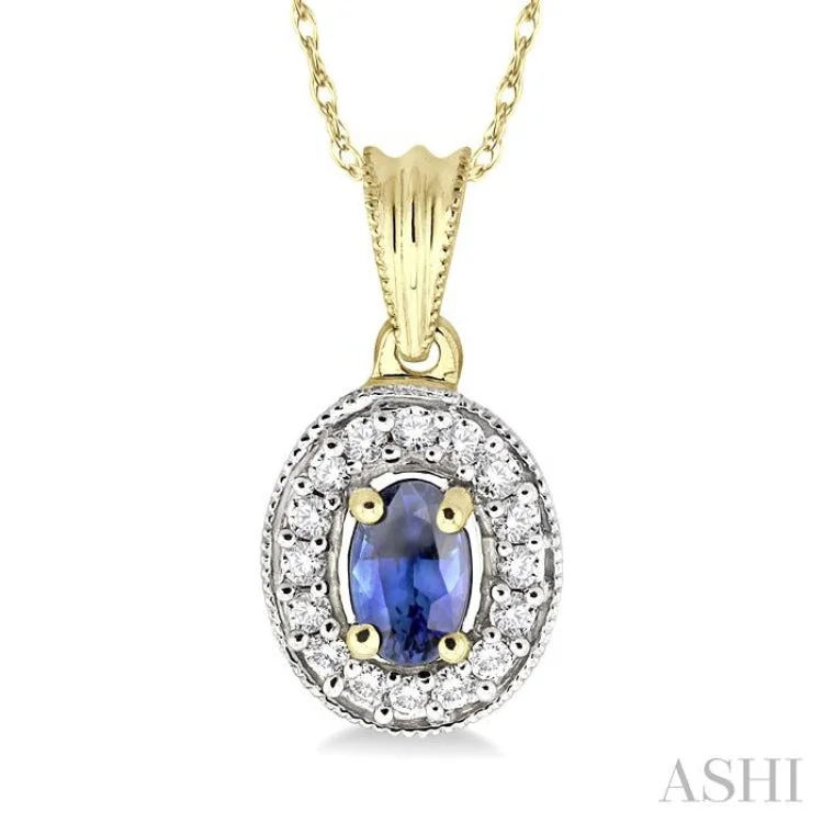 6x4 MM Oval Cut Sapphire and 1/5 Ctw Round Cut Diamond Pendant in 14K Yellow Gold with Chain