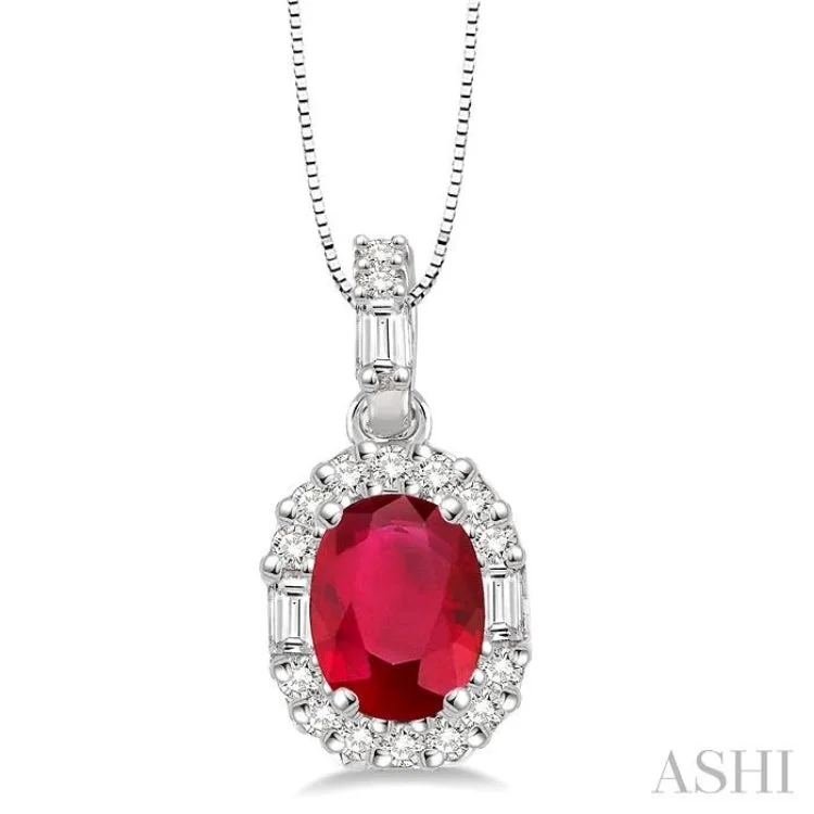 6x4 MM Oval Shape Ruby and 1/4 Ctw Diamond Pendant in 14K White Gold with Chain