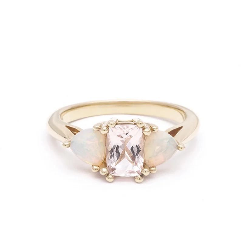 THREE STONE ENCHANTMENT ENGAGEMENT RING | 14K GOLD | MORGANITE & OPAL