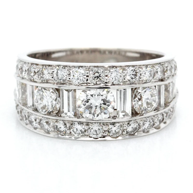 18K White Gold Three-Row Round Diamond Baguette Band