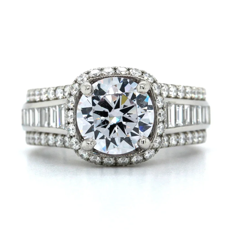 Platinum 3 Row Baguette Diamond Halo Engagement Ring Setting