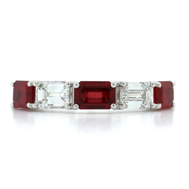 Platinum 5 Stone Emerald Cut Ruby and Diamond Band