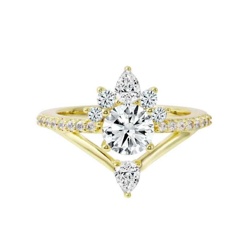 Round Diamond Starburst V-Shaped Engagement Ring