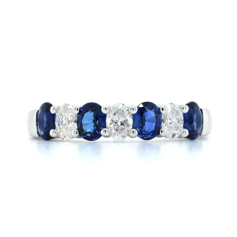 18K White Gold Oval Diamond and Sapphire Shared Prong Band