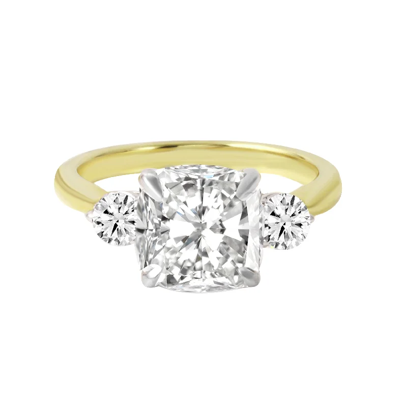 Three Stone Cushion and Round Cut Diamond Engagement Ring