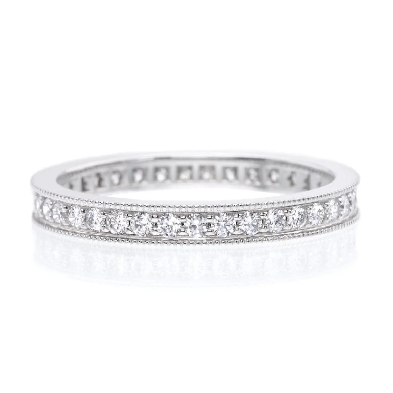 18K White Gold Bead Set Diamond Eternity Band with Milgrain