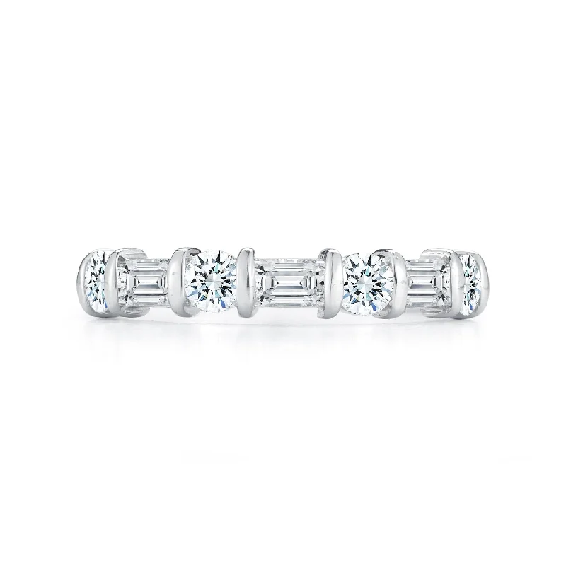 Platinum Alternating Round and Baguette Diamond Wedding Ring