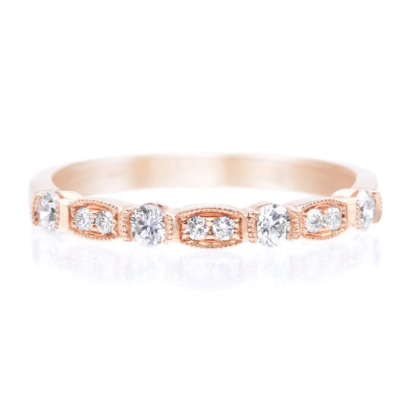 18K Rose Gold Bezel Set Halfway Diamond Band with Milgrain