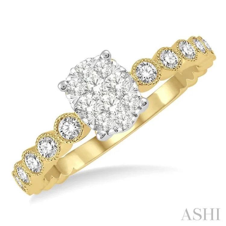 1/3 ct Oval Shape Lattice Shank Lovebright Diamond Cluster Ring in 14K Yellow and White Gold