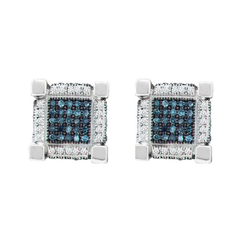 10kt White Gold Mens Round Blue Color Enhanced Diamond 3D Cube Square Earrings 3/4 Cttw