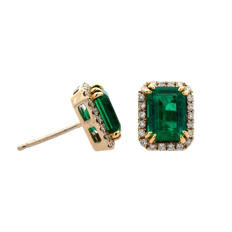 18K Yellow Gold Emerald and Diamond Halo Earrings