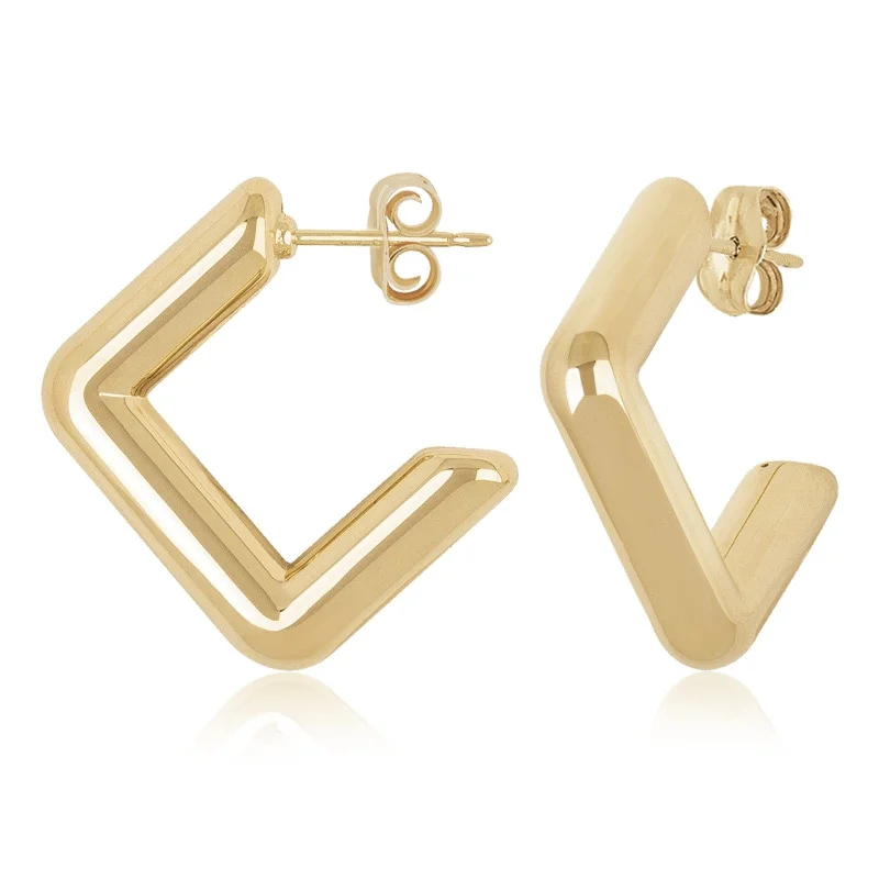 14K Yellow Gold Round Square J Hoop Earrings