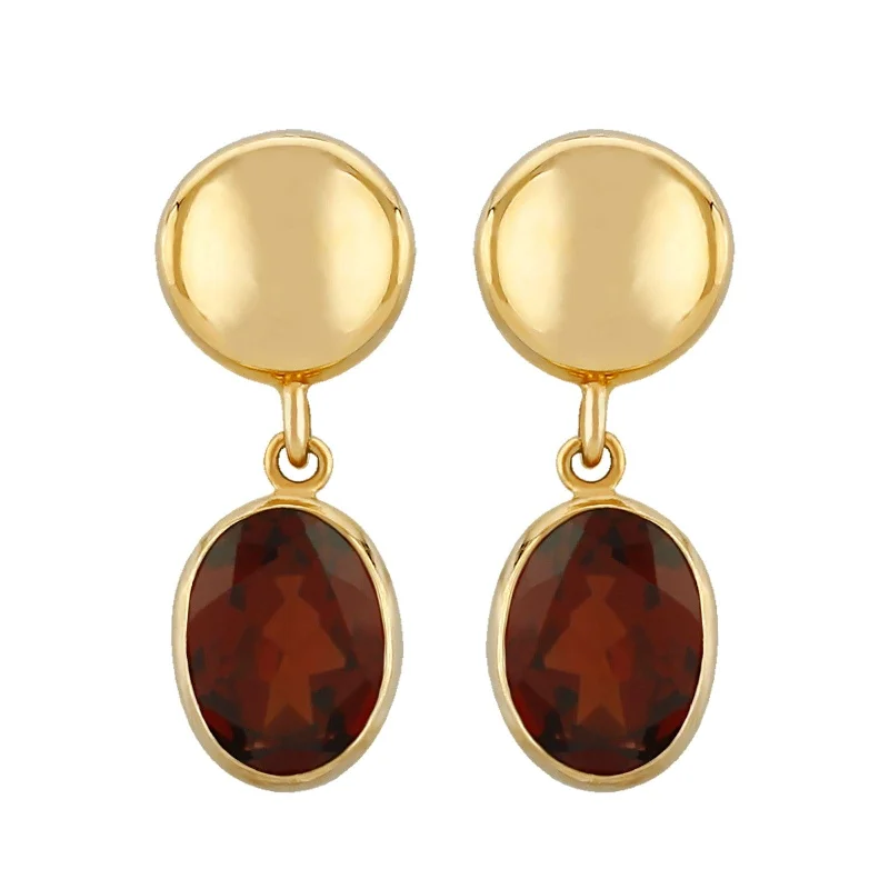 14K Yellow Gold Oval Garnet Drop Earrings