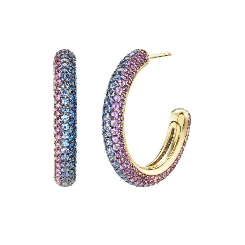 18K Yellow Gold Blue Sapphire and Amethyst Midnight Puffy Hoop Earrings