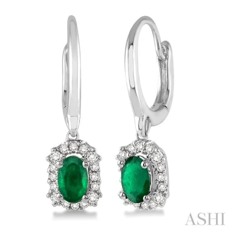 5x3 MM Oval Cut Emerald and 1/6 Ctw Round Cut Diamond Precious Earrings in 14K White Gold