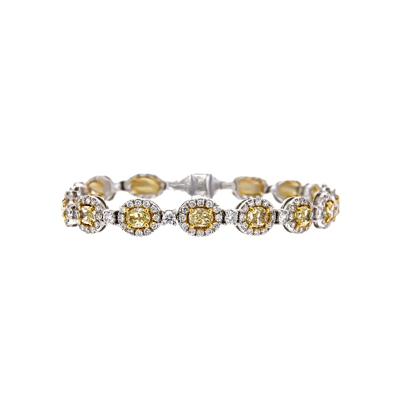 18K Two-Tone Oval Tennis Bracelet With 16 Yellow Diamonds Halo Style