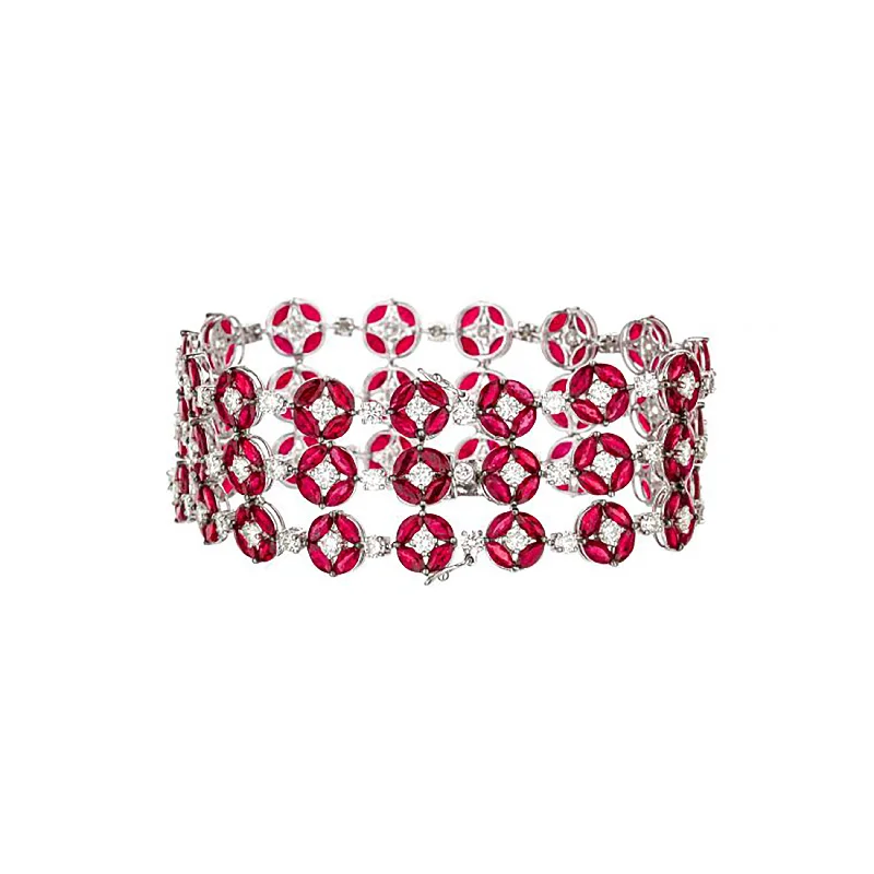 18K White Gold 3 Row Marquise Cut Ruby Diamond Bracelet