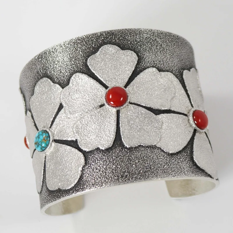 Coral and Turquoise Flower Cuff