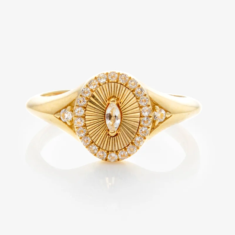 Solid Gold White Topaz Etched Signet Pinky Ring