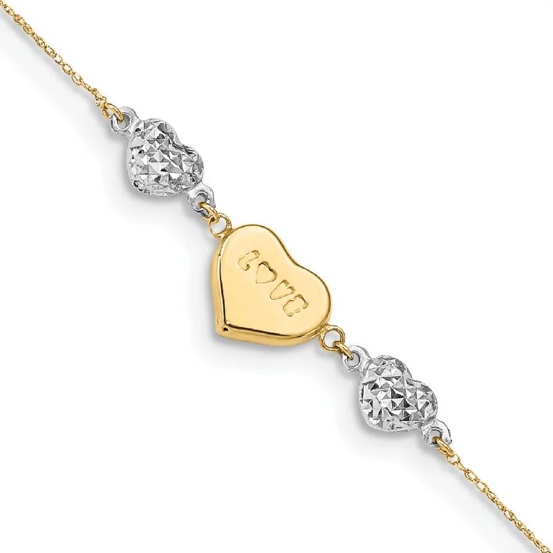 14KT White and Yellow Gold 7-inch Diamond-cut Heart Bracelet