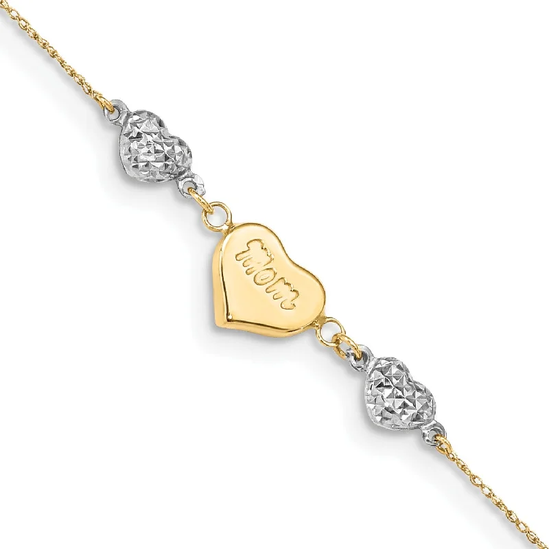 14KT White and Yellow Gold 7-inch Diamond-cut Mom Heart Bracelet