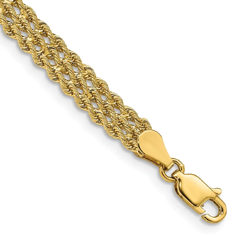 14KT Yellow Gold 7-inch 5.5MM Diamond-cut Rope Triple Strand Bracelet