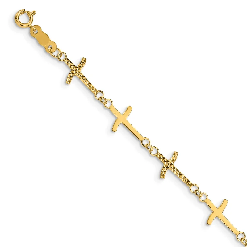 14KT Yellow Gold 7-inch 7MM Diamond-cut Cross Bracelet