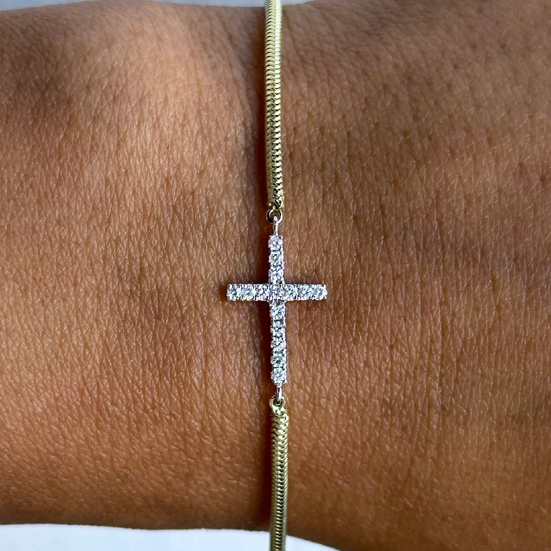 14KT Yellow Gold Bracelet with 14KT White Gold Cross & 0.15ct Diamond – Elegant Religious Jewelry