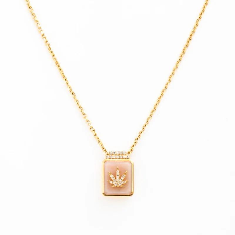 Cannabis Leaf on Pink Opal Signet Necklace