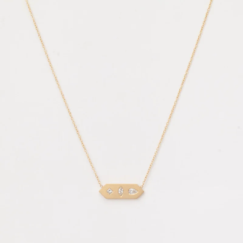 Diamond Mosaic Brushed Gold Horizontal Hexagon Tag Necklace